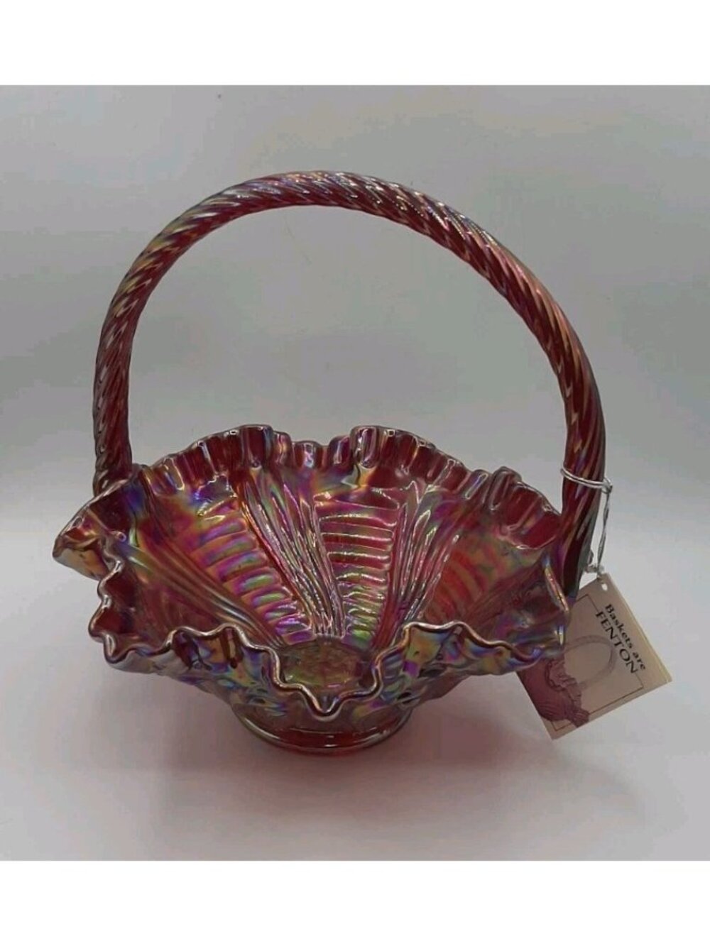 Vintage Rare Fenton Ruby Carnival Glass Basket Lily of the Valley Twisted Handle